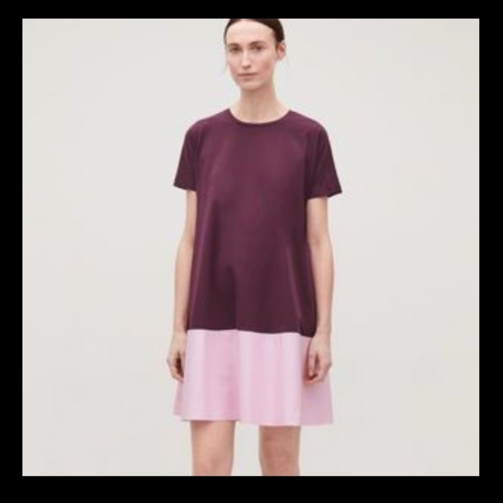COS Two-Tone Short Sleeve Shift Dress in Plum and Light Pink